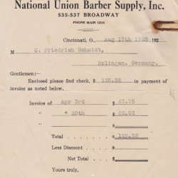 Zahlungsbestätigung einer Zahlung durch Nat. Union Barber Supply USA, 20er Jahre